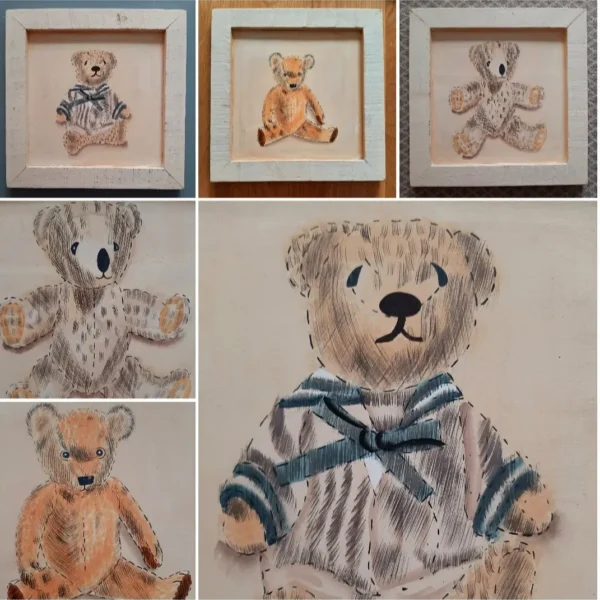 3 houten schilderijtjes beren