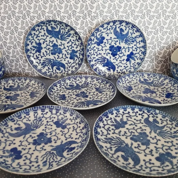 7 antieke, Japanse kop en schotels