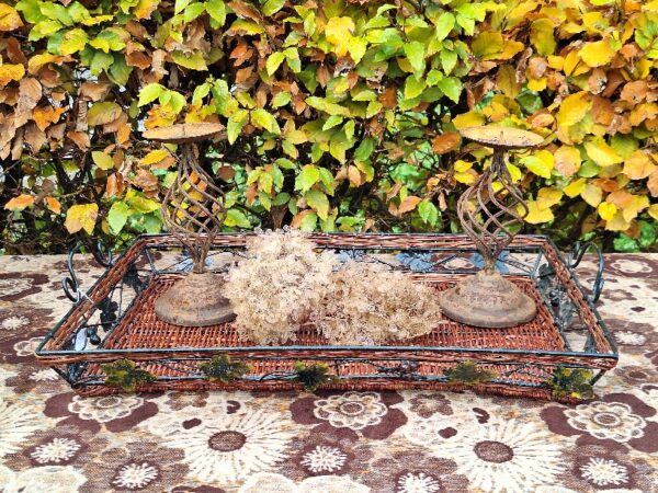 Dienblad Gevlochten Riet Met Metalen Bladeren